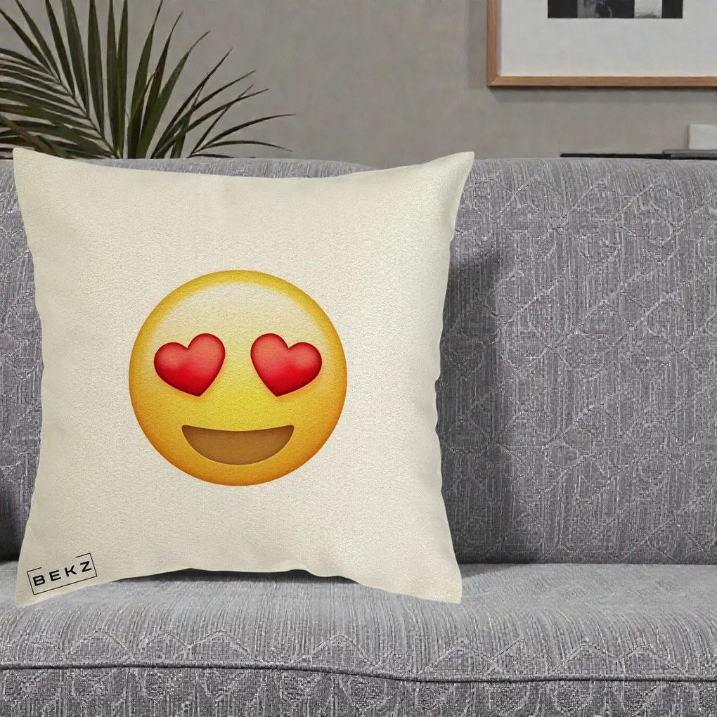 Perna Decorativa Emoji Inimi in Ochi, 40x40 cm, Ecru, Husa Detasabila, Perna Inclusa, BEKZ®