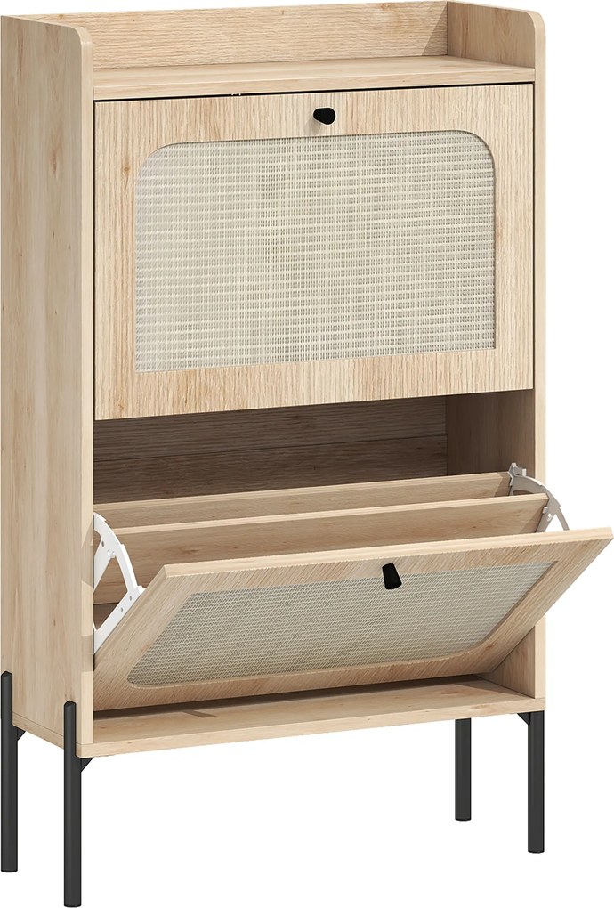 HOMCOM Dulap pentru încălțăminte 12 perechi, dulap cu 2 sertare rabatabile, uși din ratan și polițe reglabile, stejar | Aosom Romania