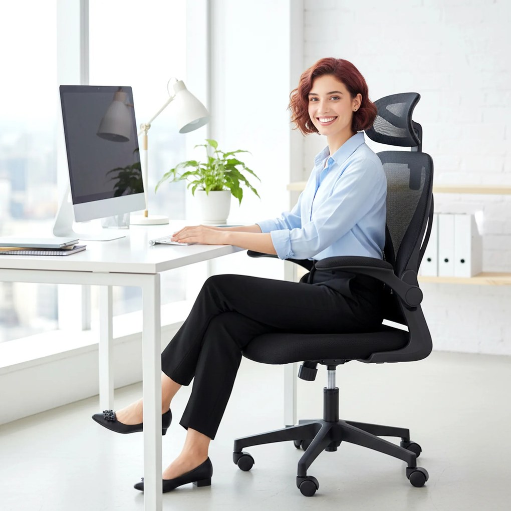 HOMCOM Scaun de Birou Ergonomic cu Brațe Rabatabile și Spătar Pliabil, Scaun de Birou cu Funcție Balansoar, Tetieră Reglabilă, Șezut Rotativ, Negru | Aosom Romania