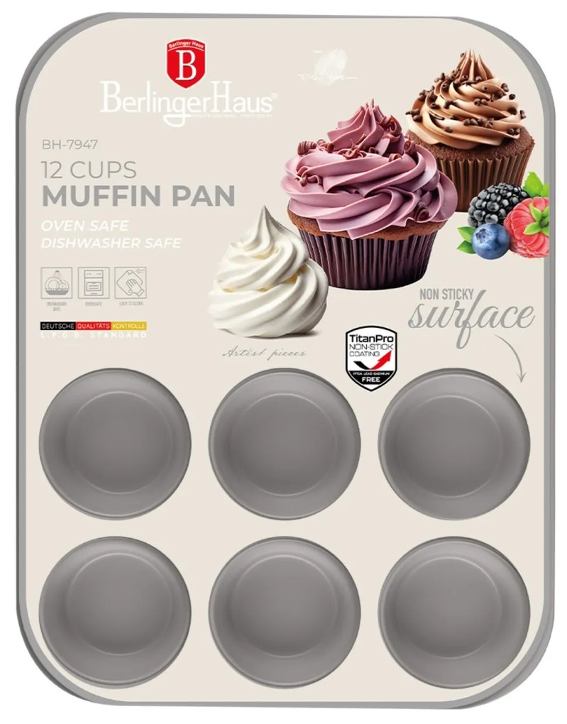 Tava muffins 12 forme Taupe Berlinger Haus BH 7947, antiaderenta, gri