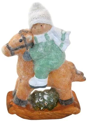 Decoratiune iarna, ceramica, baiat pe cal, 25 cm