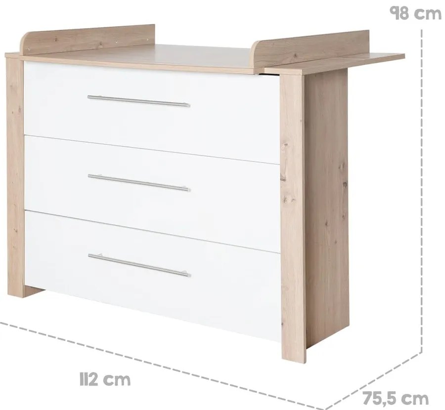 Comodă de copii albă/în culoare naturală joasă cu aspect de lemn de stejar cu masă de schimbat 112x98 cm – Roba
