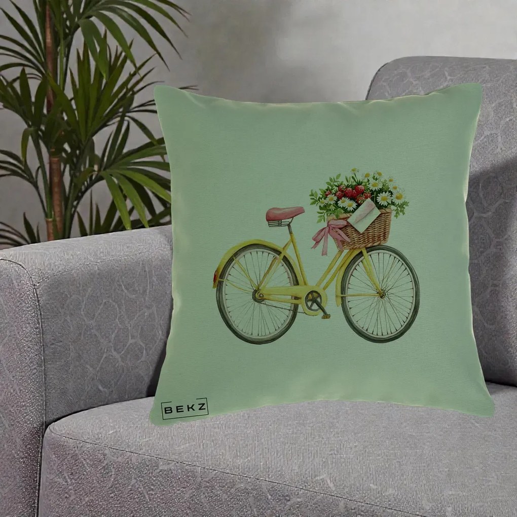 Perna Decorativa Bicicleta Galbena cu Cos de Flori Primavara, 40x40 cm, Verde, Husa Detasabila, Perna Inclusa, BEKZ®