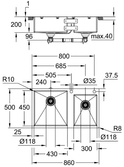 GROHE 31855SD0 - Chiuvetă de bucătărie K700 860 × 500 mm inox