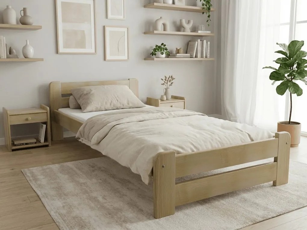 Pat de o persoana Laura 90x200 cm, pin Saltele: Cu saltele Deluxe 10 cm, Somiera pat: Cu lamele curbate