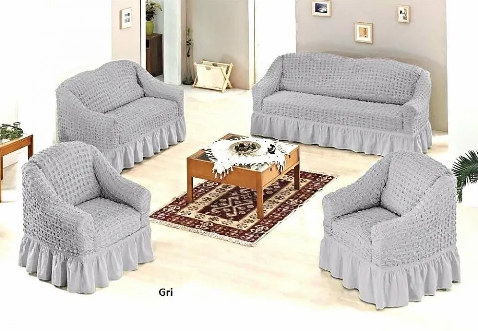 Set huse elastice si creponate pentru canapea 3 locuri, canapea 2 locuri si 1 fotoliu, cu volanas, Gri