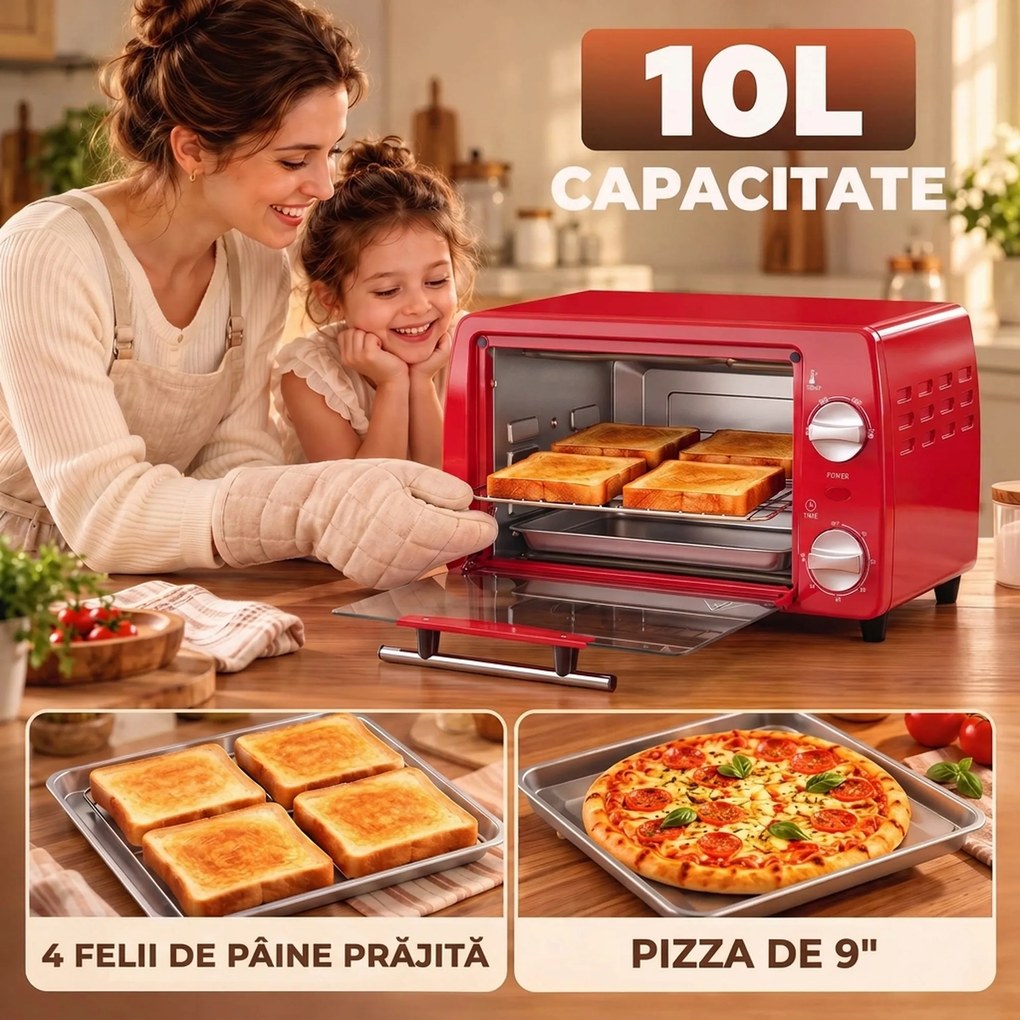 HOMCOM Mini cuptor electric 10L, 750W, cu temperatură reglabilă și timer, 36,5x26x22 cm, roșu | Aosom Romania