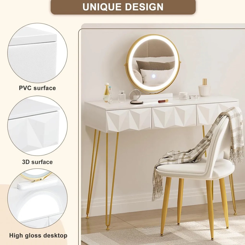 Masuta machiaj cu Oglinda LED si 3 Sertare pentru Cosmetice, Set Masa toaleta 100 cm, Alb Lucios, masuta cosmetica, vanity - SEA435