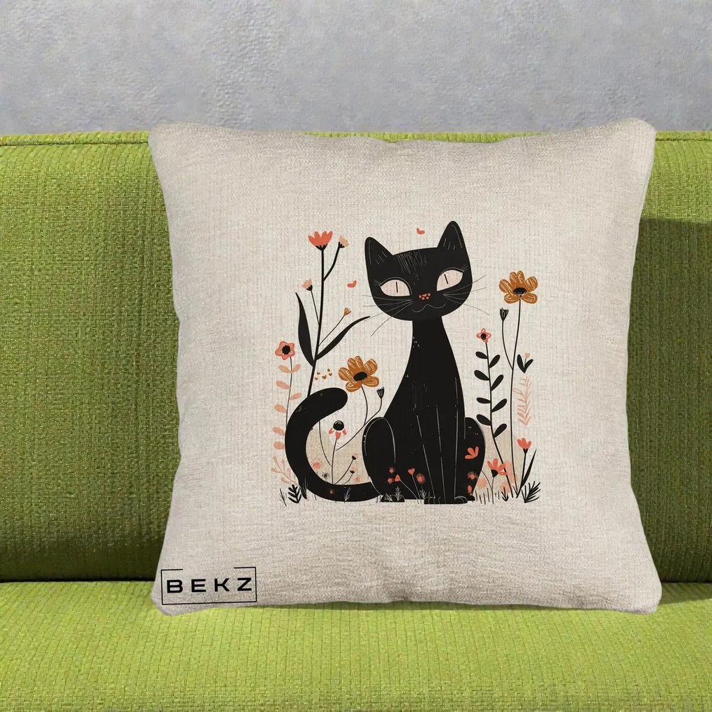 Perna Decorativa Pisica Neagra Flori Pastel Folk, 40x40 cm, Bej Canapea, Husa Detasabila, Perna Inclusa, BEKZ®