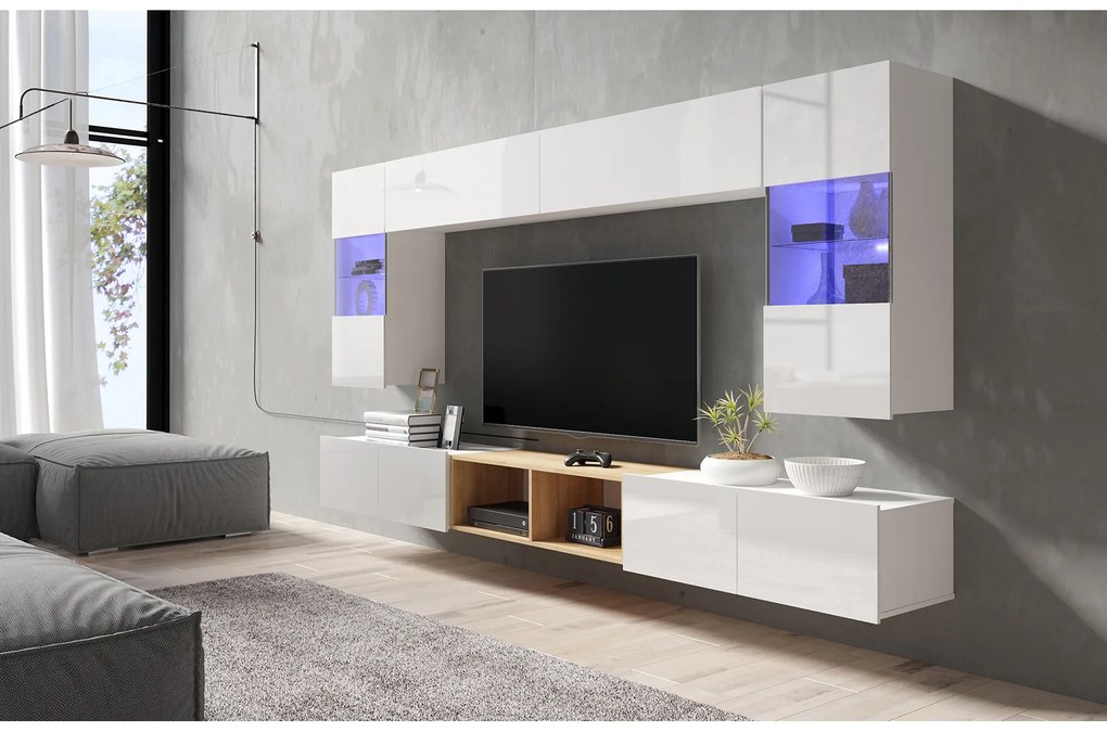 Mobilier living Calabria C24 WHITE (Alb + Stejar auriu) (fără iluminat). 1051558