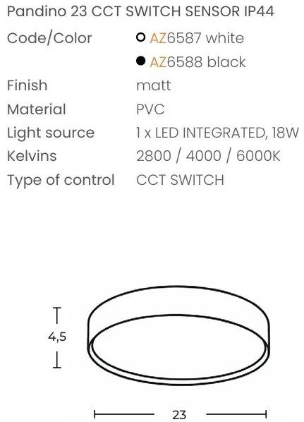 Plafoniera LED CCT, Protectie IP44, Senzor de miscare, PANDINO 23cm negru