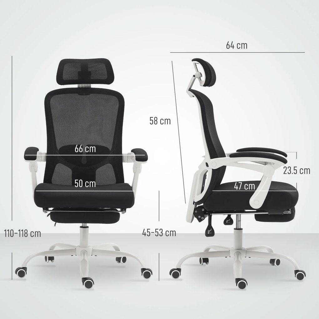 HOMCOM Scaun de Birou Rabatabil 135°, cu Suport pentru Picioare, Suport Lombar, Tetieră, Înălțime Reglabilă, din Plasă, Negru | Aosom Romania