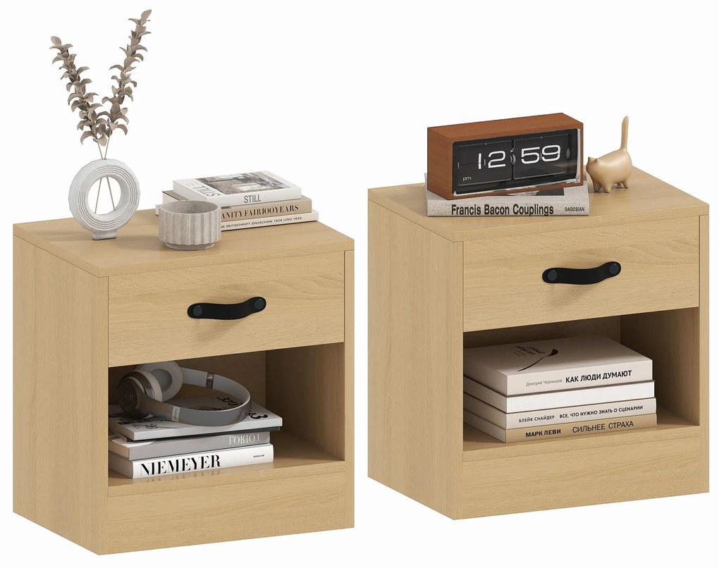HOMCOM Set de 2 Noptiere cu Sertar și Compartiment Deschis pentru Sufragerie 39x28x41 cm Natural | Aosom Romania