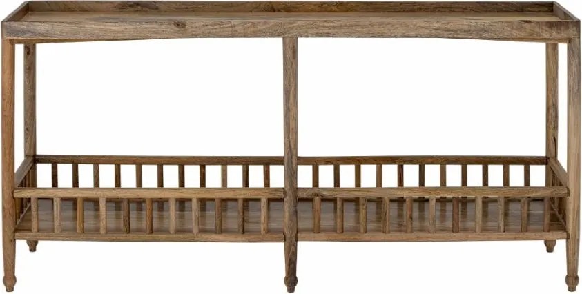 Consolă hol eclectică din lemn de mango, natur, cu raft jos cu balustradă, blat cu bordură și 6 picioare, 80 x 168 x 43 cm, „Sali”