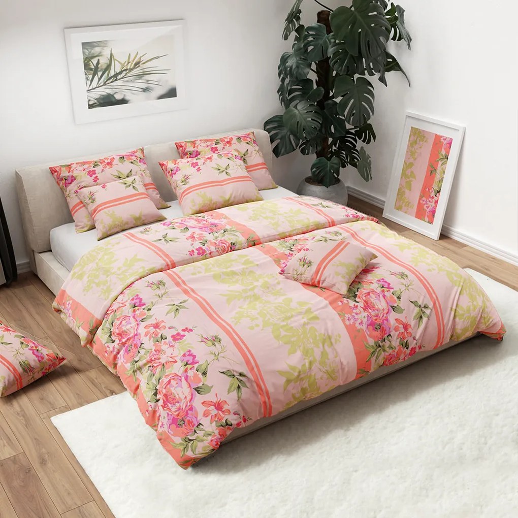 Lenjerie de pat din bumbac FLORI CU FRUNZE roz Dimensiune lenjerie de pat: 80 x 80 cm | 135 x 200 cm