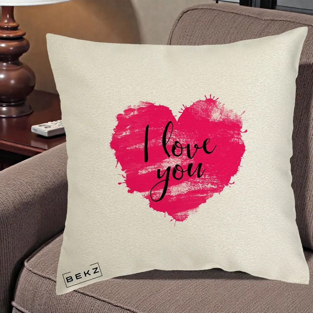 Cadou Romantic - Perna Personalizata I Love You Inima Roz, 40x40 cm, Ecru, Husa Detasabila, Perna Inclusa, BEKZ®