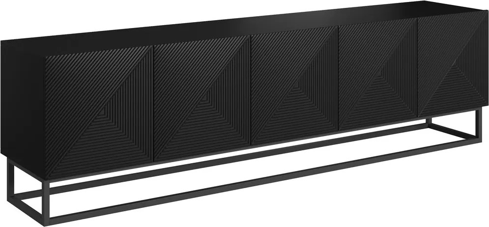 Comodă TV cu fronturi striate Asha 200 cm cu cadru metalic - negru mat