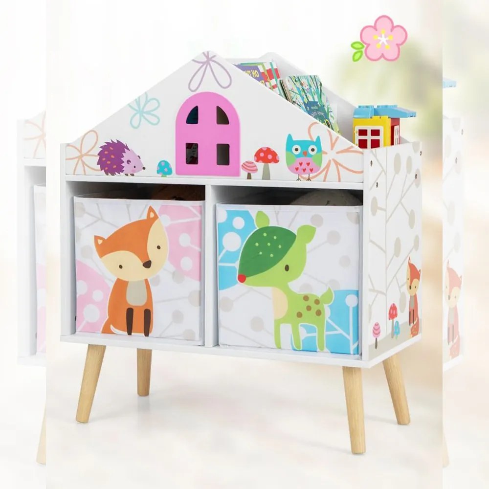 Raftă pentru cărți în formă de casă cu 2 cutii de depozitare