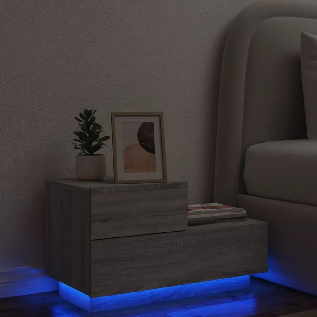 vidaXL Noptieră cu lumini LED, gri sonoma, 70x36x40,5 cm