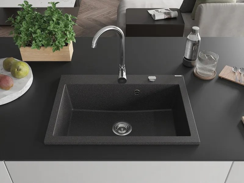 Mexen Elix chiuvetă de bucătărie granit 1 cameră 700 x 500 mm, negru pătat, sifon crom - 6526701005-76