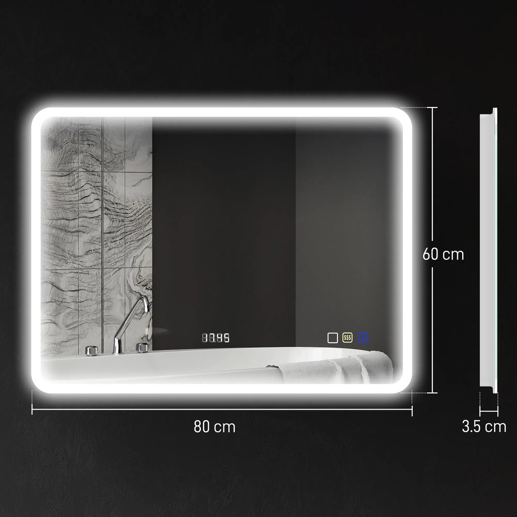 HOMCOM Oglindă LED pentru Baie cu Bluetooth, Iluminare Reglabilă și Funcție de Memorare, din Sticlă Securizată, 80x60x3,5 cm | Aosom Romania
