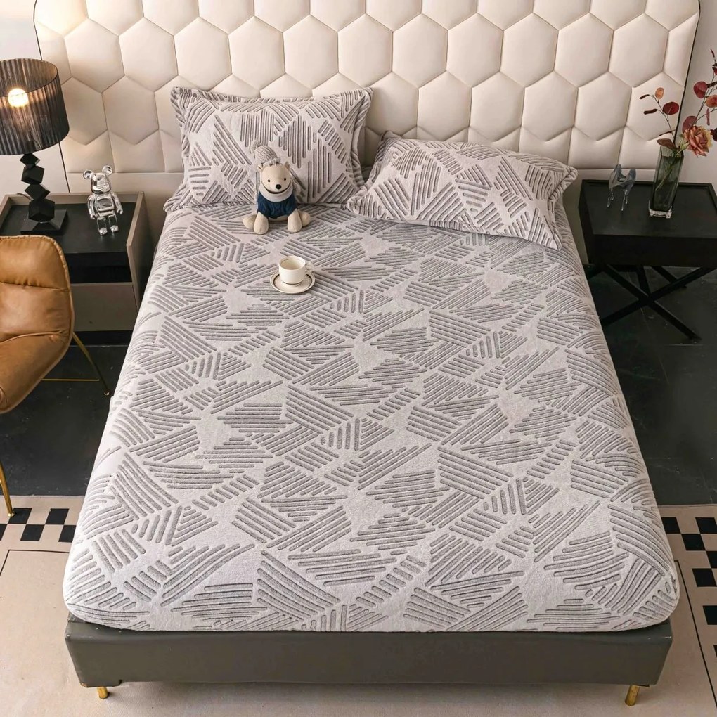 Husă de pat cu elastic, cocolino, 230x250 cm, 2 fețe de pernă, geometric gri-crem