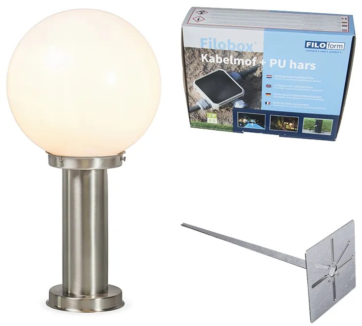 Lampă de exterior din oțel inoxidabil 50 cm - Sfera cu țăruș de pământ și glande de cablu