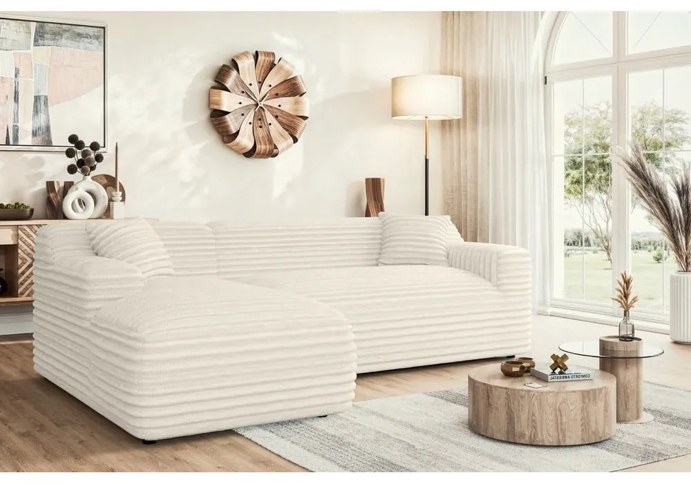 Colțar crem cu tapițerie din catifea reiată (cu colț pe partea stângă, cu șezlong) Martin – Ropez