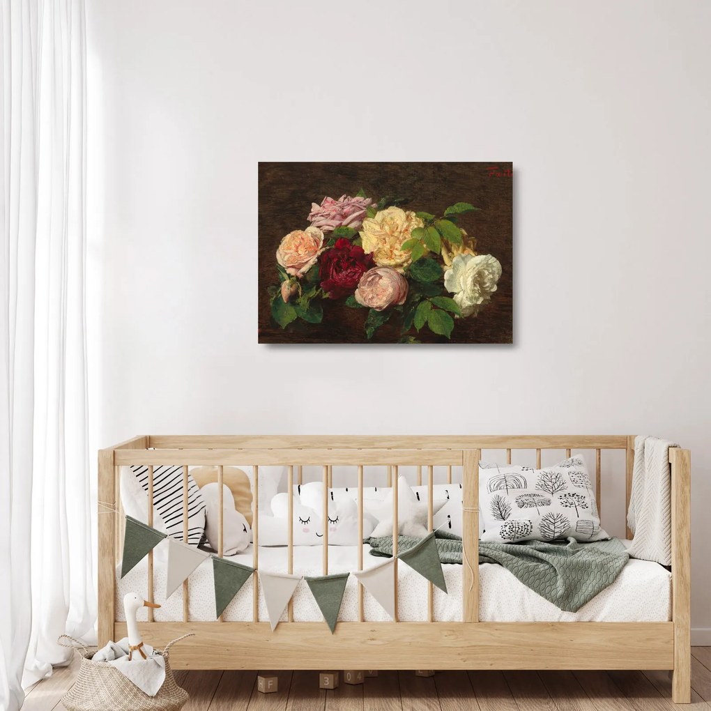 Tablou pe sticlă - Henri Fantin-Latour, Roses de Nice on a Table, reproducere (70x50 cm)