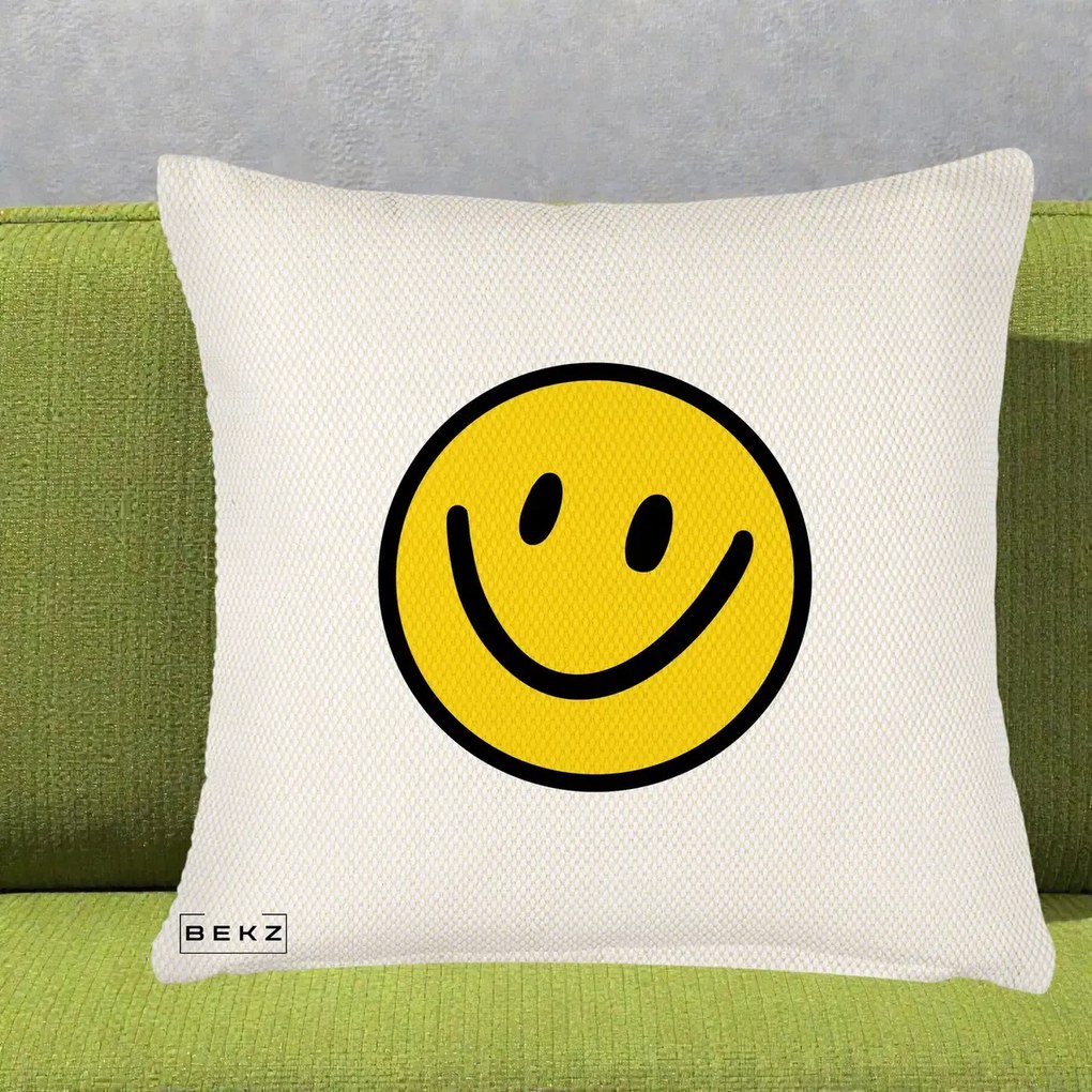 Perna Decorativa Smiley Face Galben Clasic, 40x40 cm, Crem Reliefat, Husa Detasabila, Perna Inclusa, BEKZ®