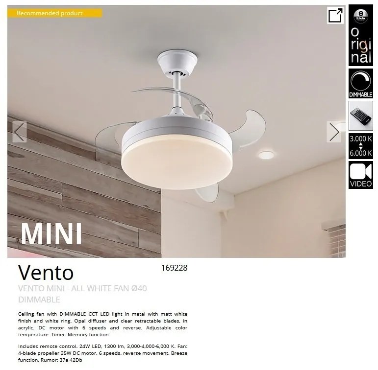 Lustra LED cu Ventilator si telecomanda, lame retractabile Mini Vento alb