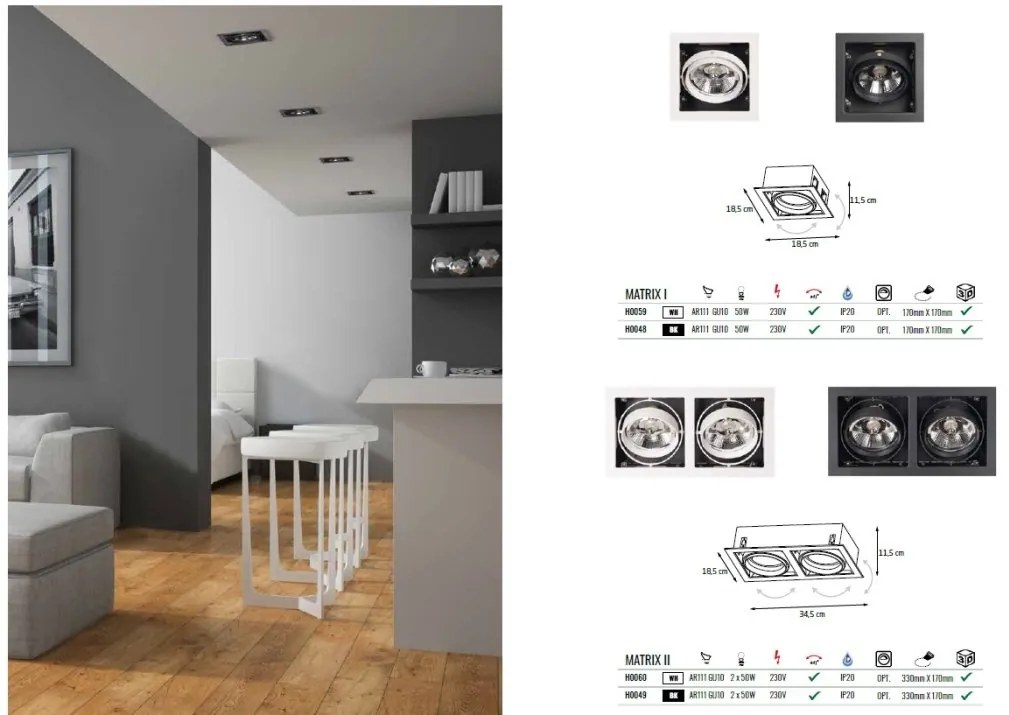 Spot directionabil, incastrabil, negru, dim.18,5x34,5cm, Matrix I H0049 MX