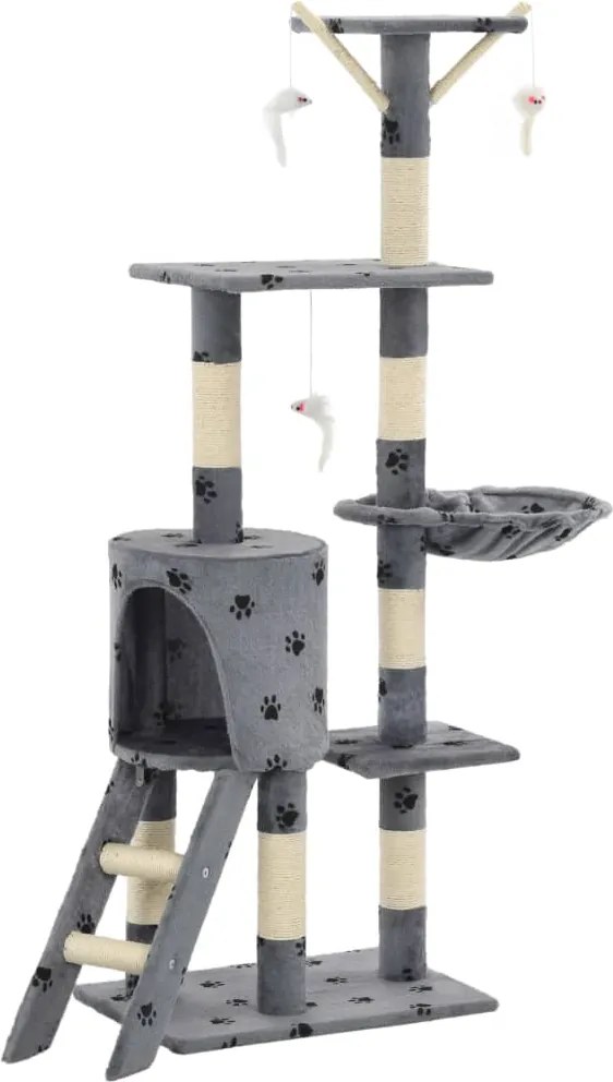 vidaXL Ansamblu pisici stâlpi funie sisal, 138 cm imprimeu lăbuțe, gri