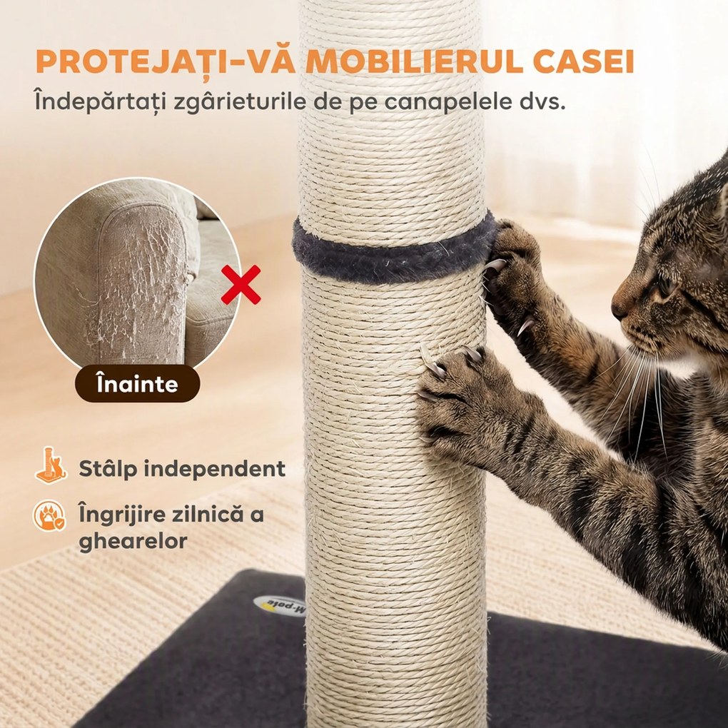 PawHut Ansamblu de Zgâriat Ușor pentru Pisici, 80 cm, cu Frânghie din Sisal, Bază din PAL și Pluș, Gri Închis | Aosom Romania
