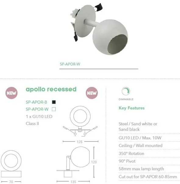 Spot incastrabil directionabil Apollo 1, negru