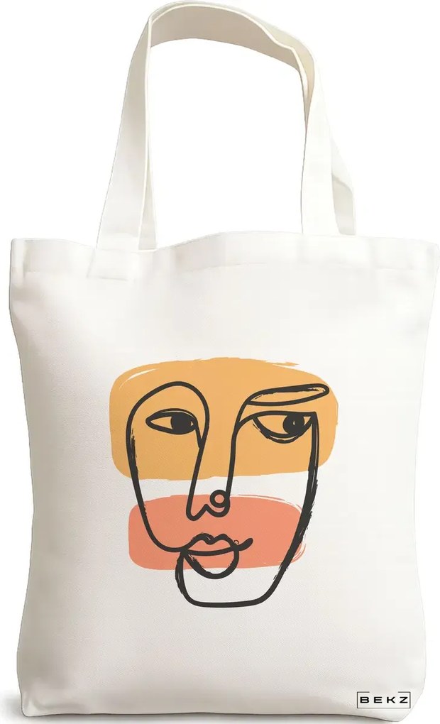 Sacosa de Panza pentru Cumparaturi, Geanta Tote, model Lines Art, 38x34.5 cm, Alba, BEKZ®