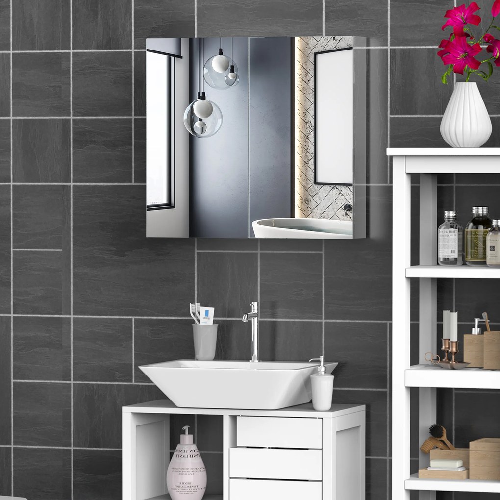 HOMCOM Armară Oglindă Cadru din Oțel inoxidabil cu Depozitare Raft pentru Toaletă Baie dim. 60L x 12l x 55H cm | Aosom Romania