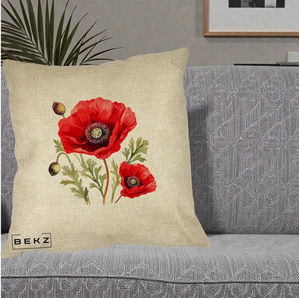 Perna Decorativa Maci Rosii Acuarela, 40x40 cm, Crem, Husa Detasabila, Perna Inclusa, BEKZ®