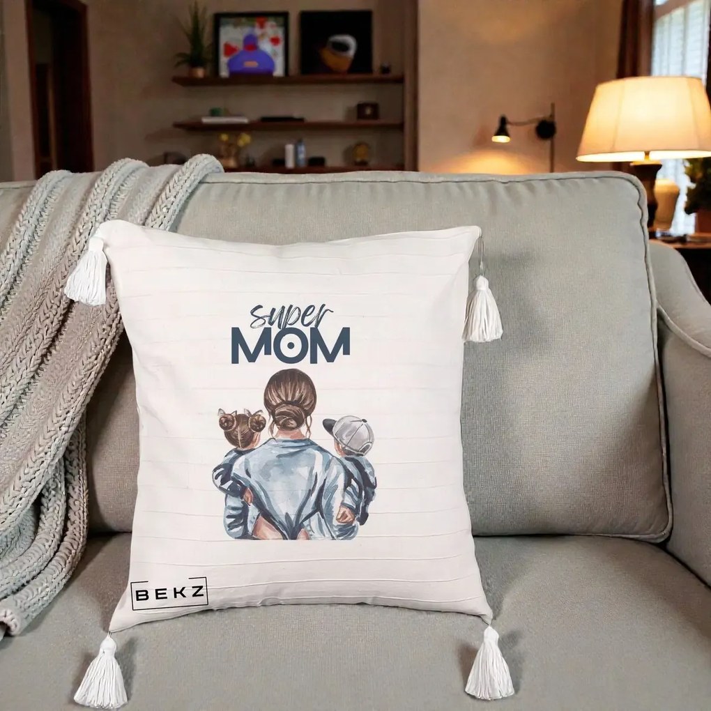 Cadou pentru Mama - Perna Personalizata Super Mom, 40x40 cm, Bej cu Franjuri, Husa Detasabila, Perna Inclusa, BEKZ®
