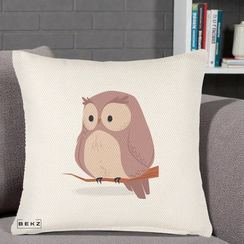 Perna Decorativa Bufnita Kawaii pe Creanga, 40x40 cm, Crem Reliefat, Husa Detasabila, Perna Inclusa, BEKZ®