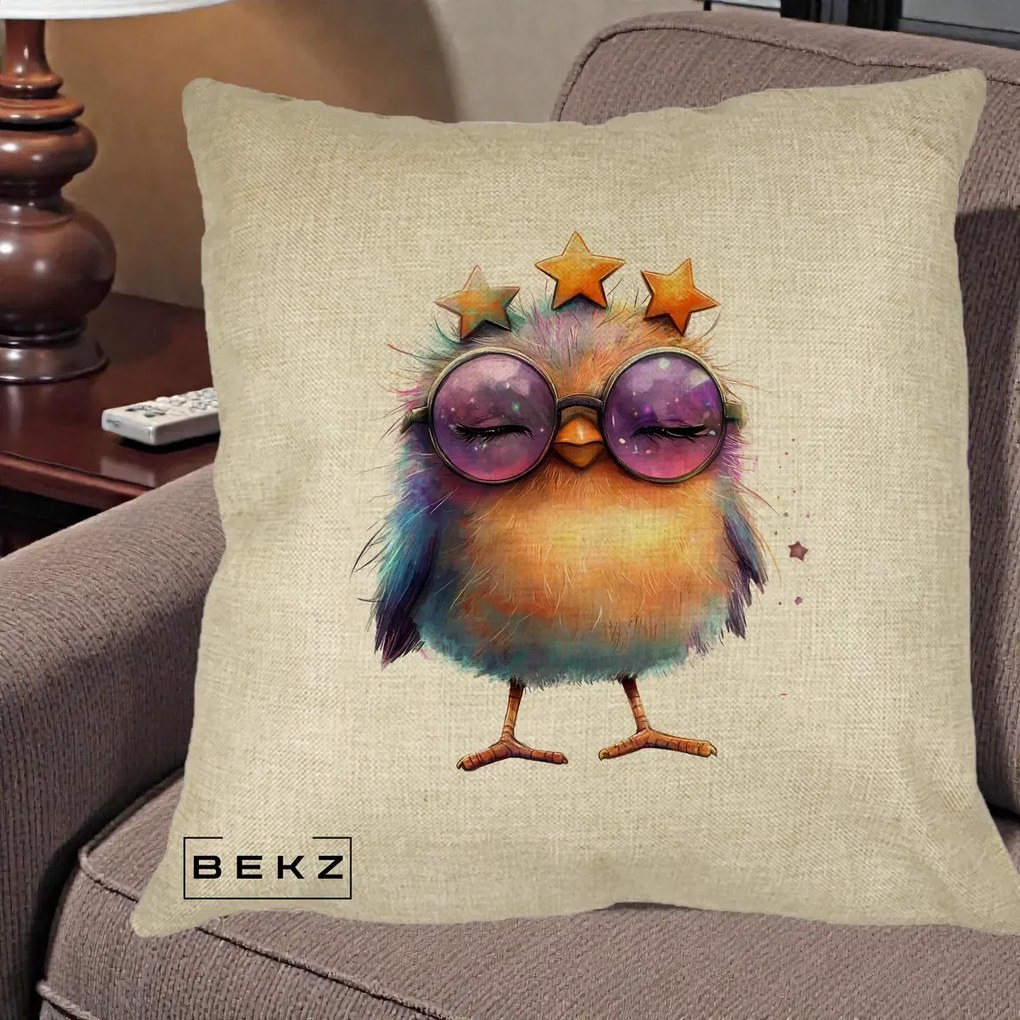 Perna Decorativa Pui Pop Star cu Ochelari Stele Violet, 40x40 cm, Crem, Husa Detasabila, Perna Inclusa, BEKZ®