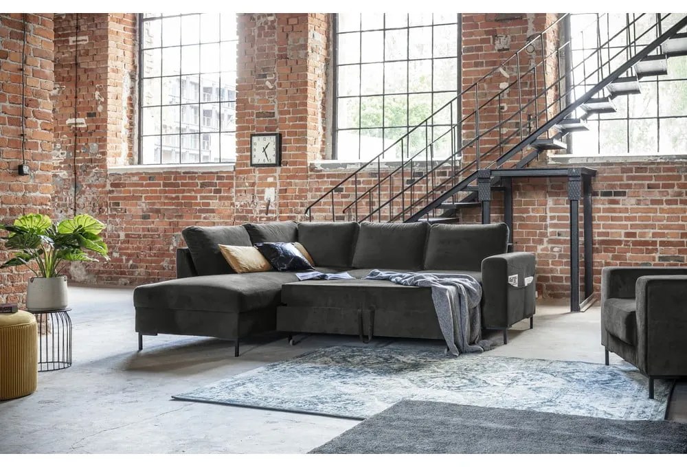 Colțar gri închis extensibil cu tapițerie din catifea (cu colț pe partea stângă ) Lofty Lilly – Miuform