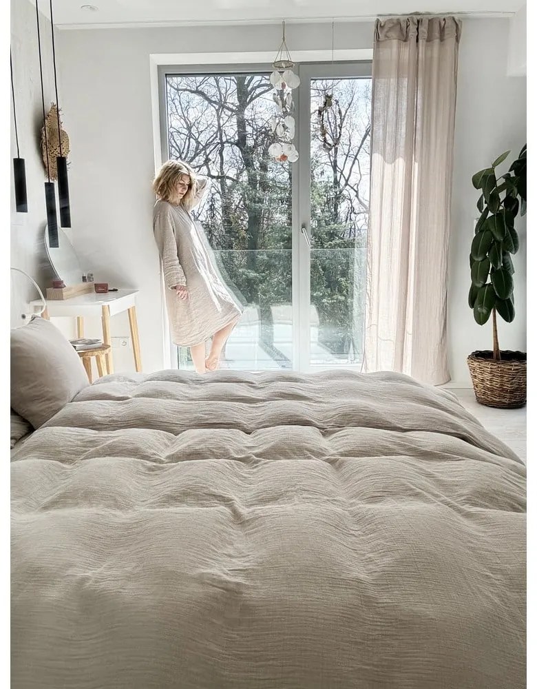 Lenjerie de pat bej din muselină pentru pat de o persoană 135x200 cm Plain Muslin – Butter Kings