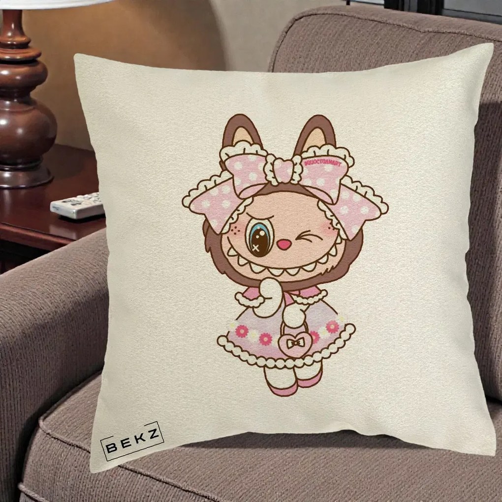 Perna Personalizata Labubu Lolita Roz cu Dantela, 40x40 cm, Ecru, Husa Detasabila, Perna Inclusa, BEKZ®