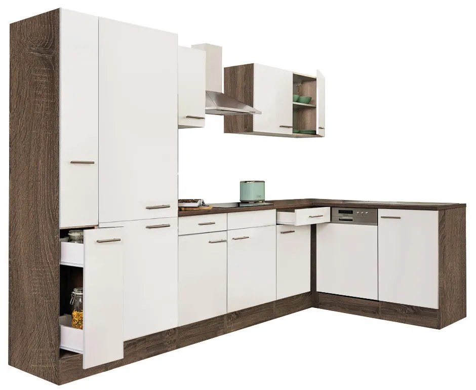 Mobilă de bucătărie de colț Yorki 310, corp din stejar Yorki, față alb satinat, dulap cu raft