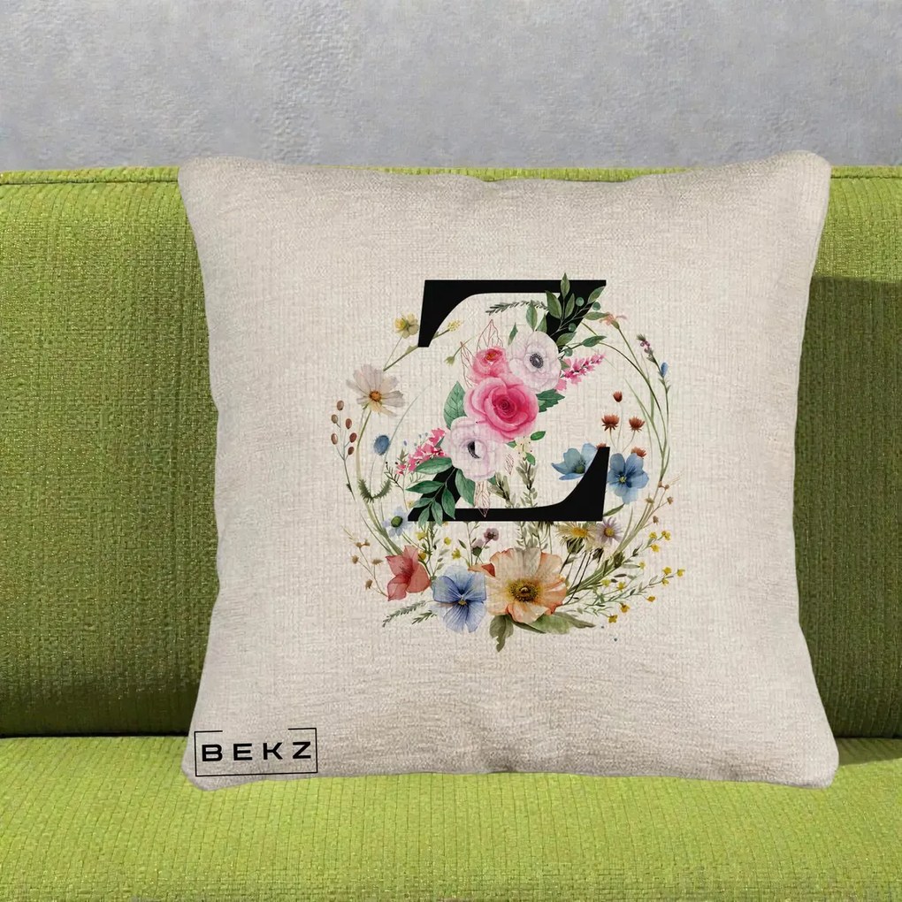 Cadou Personalizat - Perna Personalizata Monograma Florala Litera Z cu Coroana, 40x40 cm, Bej Canapea, Husa Detasabila, Perna Inclusa, BEKZ®