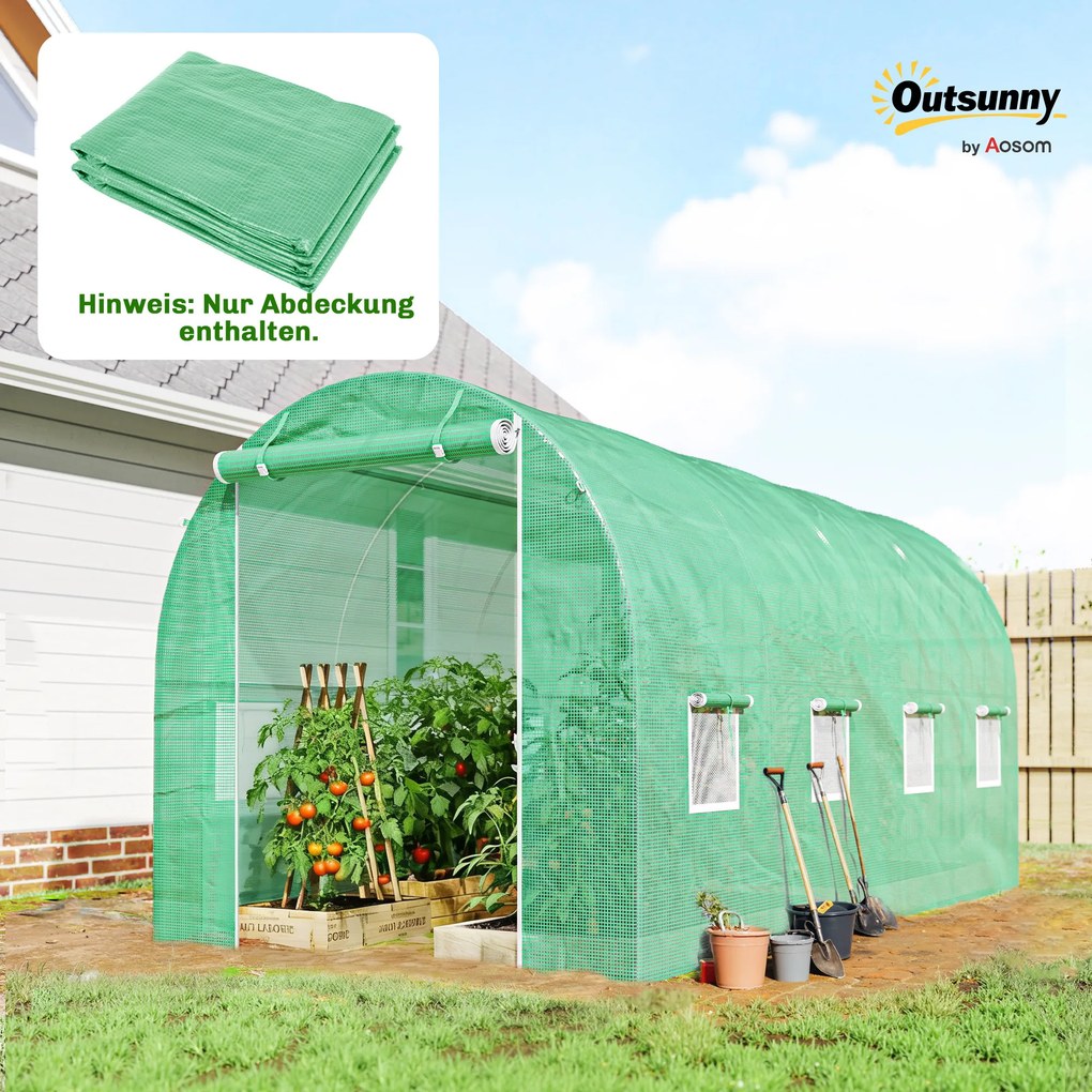 Outsunny Folie pentru seră 4 x 2 m, folie de grădină impermeabilă cu ușă, 8 ferestre, protecție UV, rezistentă la rupere, polietilenă, verde | Aosom Romania