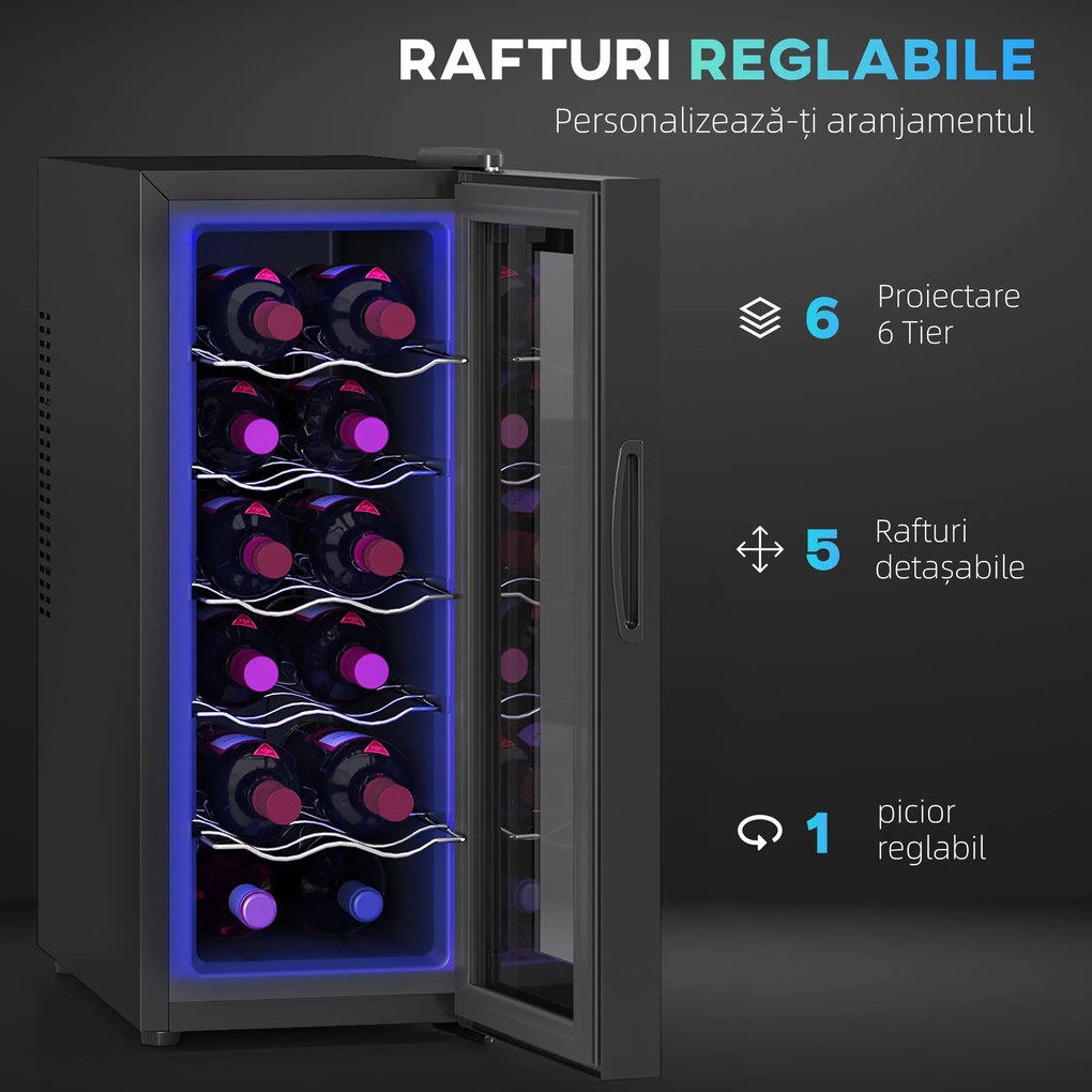 HOMCOM Frigider Termoelectric Dublu pentru 12 Sticle de Vin cu Ușă de Sticlă și Lumină LED, 26,5x51,5x65 cm, Negru | Aosom Romania