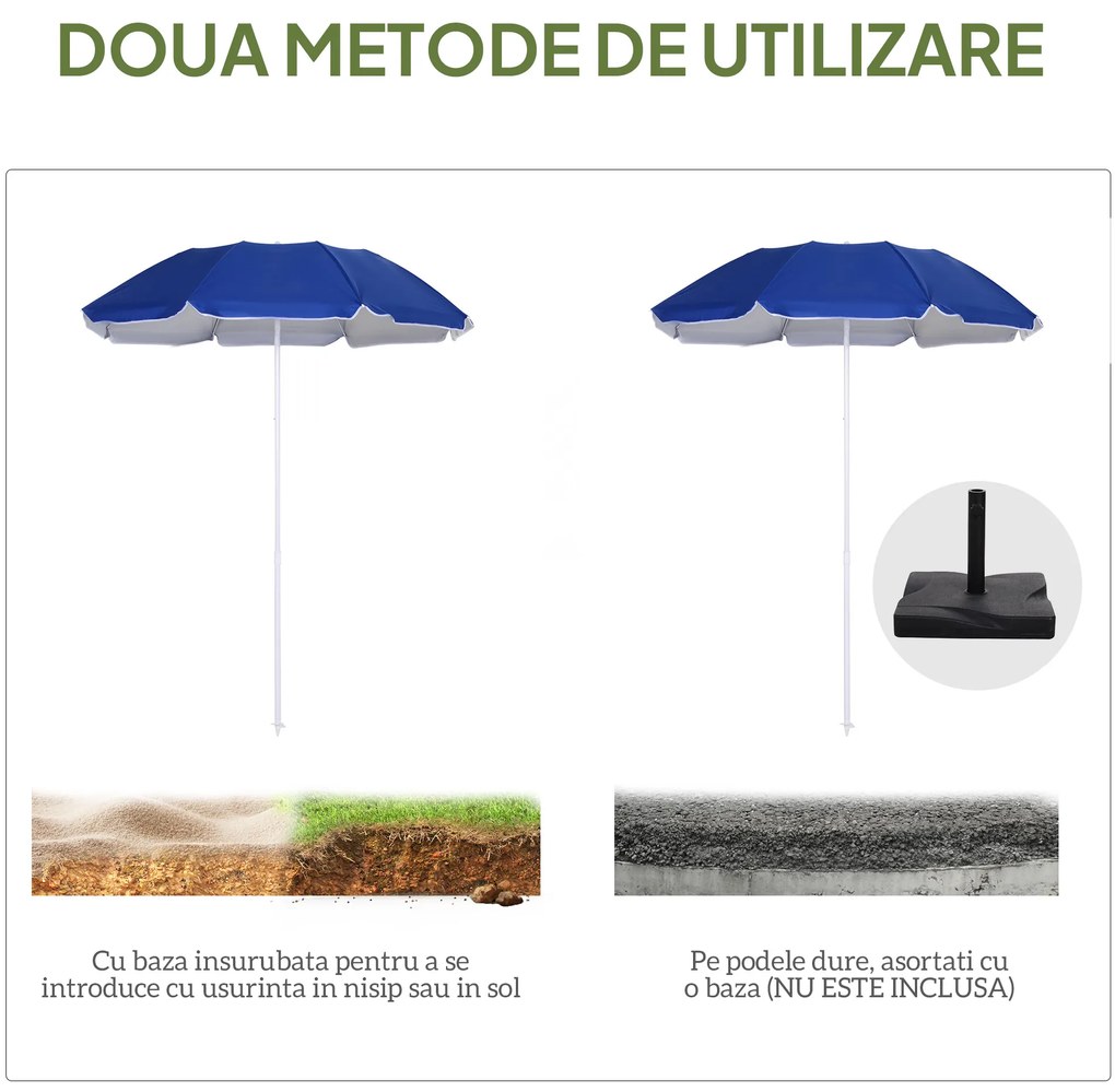 Outsunny Umbrelă de Plajă cu Acoperiș Înclinabil, Geantă de Transport și Design în 3 Secțiuni, Ø1.6x2.05 m, Albastru | Aosom Romania