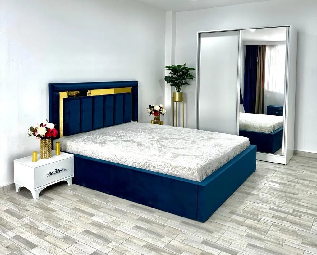 Dormitor Napoli, culoare albastru / alb, cu pat Napoli 160 x 200 cm, dressing Erika 150 cm, 2 noptiere Viena